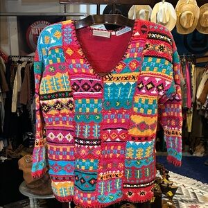 Vibrant Multicolor Vintage handmade V-Neck Sweater